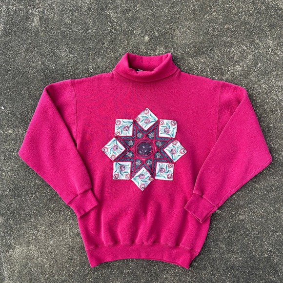 Vintage Women’s Pink Patchwork Mockneck Sweatshirt Small - Picture 1 of 4